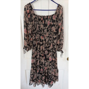 Women's Chiffon Black Floral Midi Dress S Smocked Sheer Dark Fairy Whimsigoth